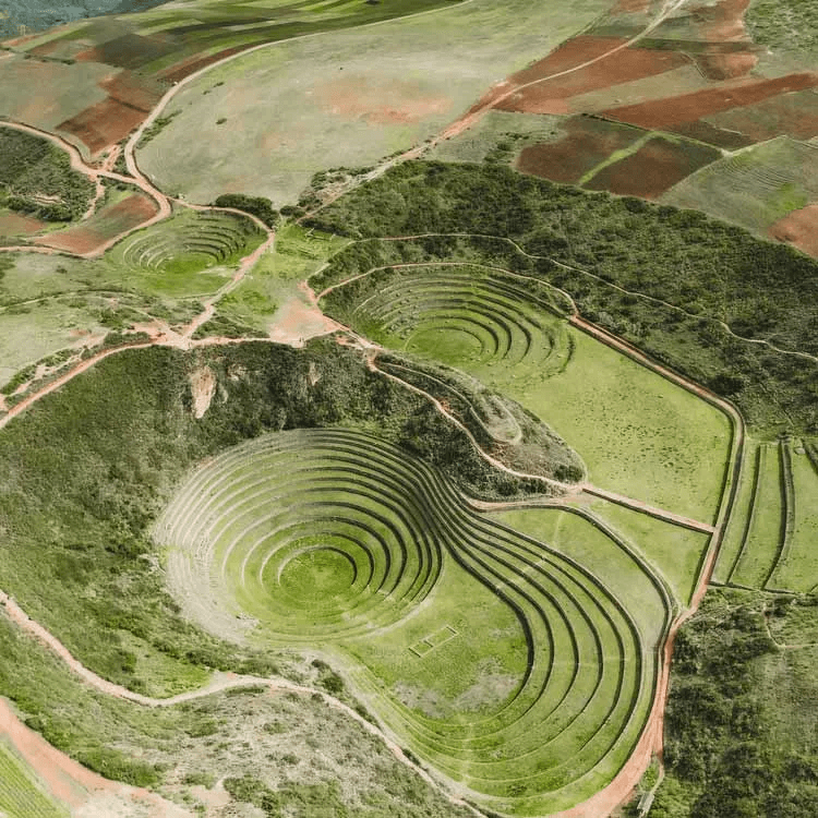 aerial view of the Sacred Valley covered in greenery
