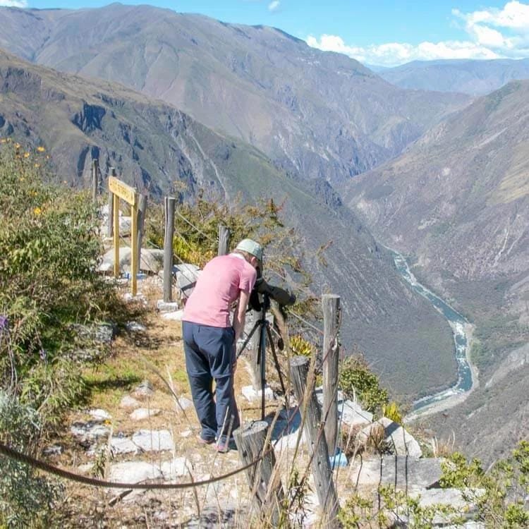 A traveler looking through a telescope overlooking the vast Condor Canyon, with rugged cliffs stretching into the distance.