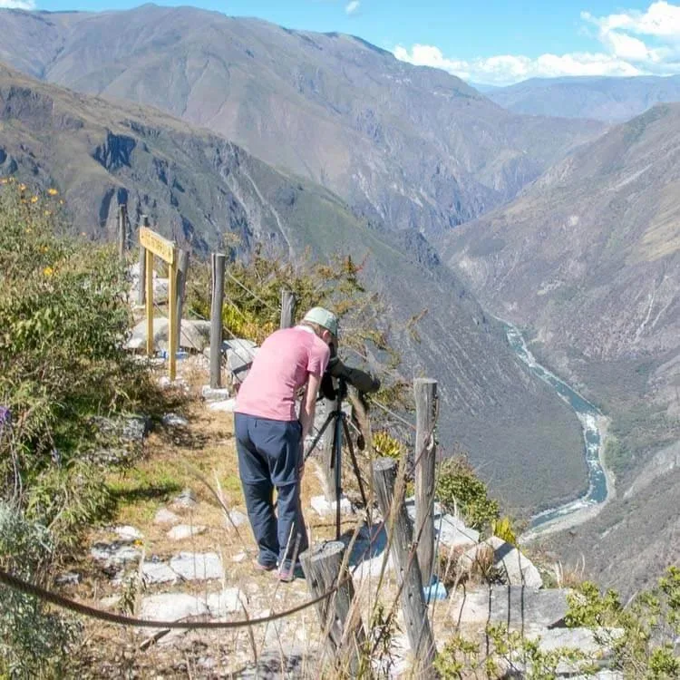 A traveler looking through a telescope overlooking the vast Condor Canyon, with rugged cliffs stretching into the distance.