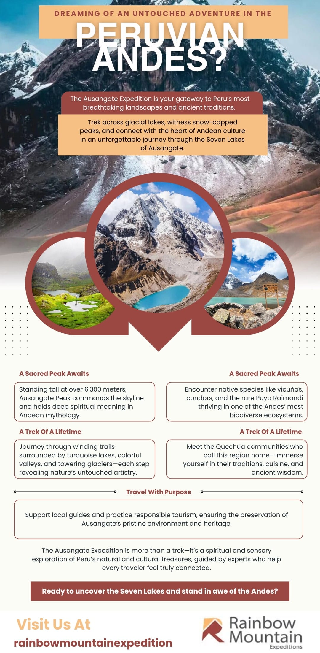 Ausangate Expedition infographic showcasing the Seven Lakes trek in the Peruvian Andes with glacial lakes, snow-capped mountains, Andean wildlife, and cultural experiences.
