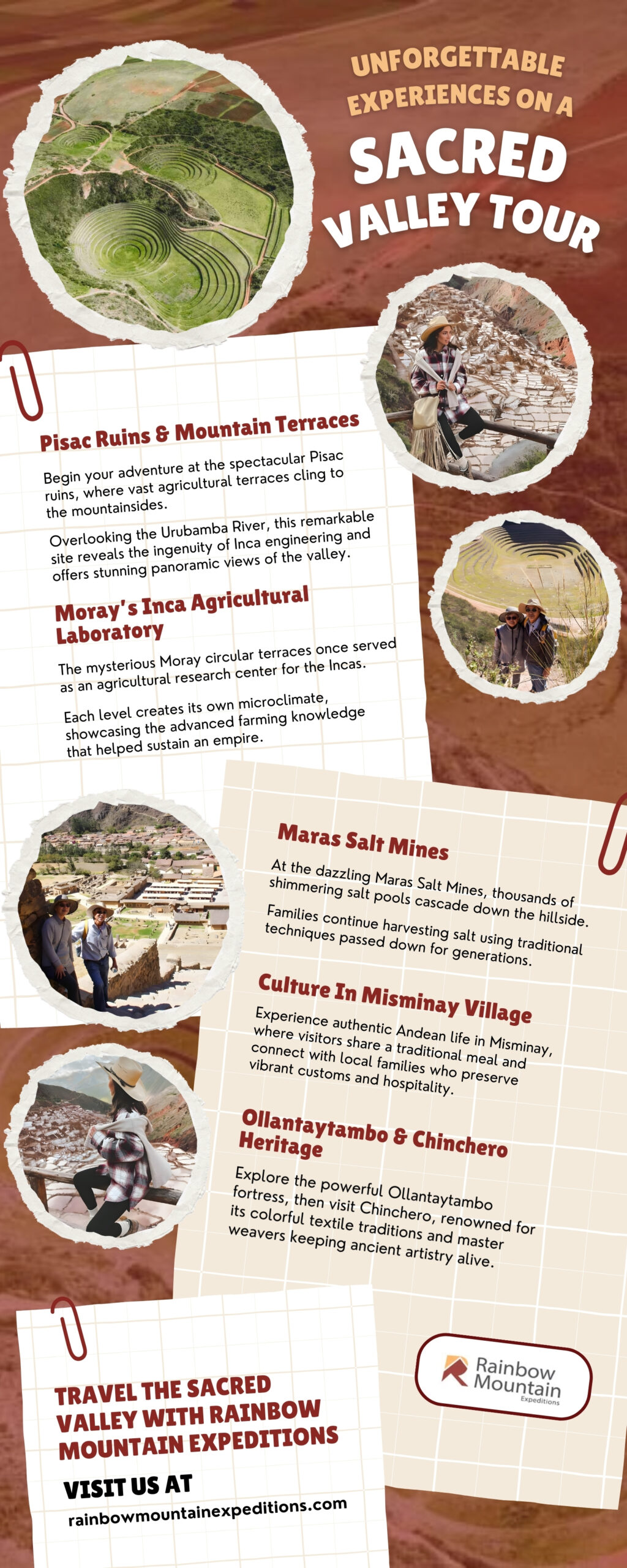 An infographic about Sacred Valley tours featuring images of the Moray ruins and Maras salt mines.