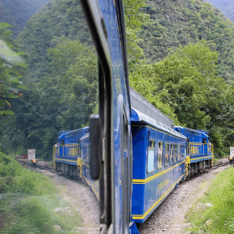 a blue train going around Machu Picchu on tour
