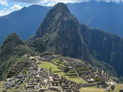 Wide aerial view of the ancient Inca citadel of Machu Picchu