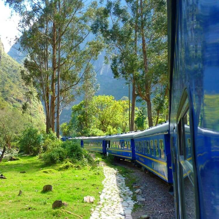 a blue train going through Machu Picchu